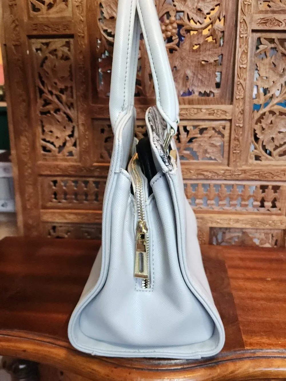Tahari Gray Satchel with Lace-Print Accent